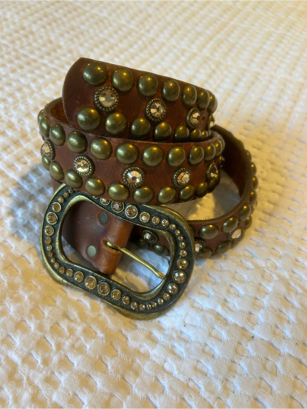Leather Rock Studded Leather Belt with Rhinestone Buckle